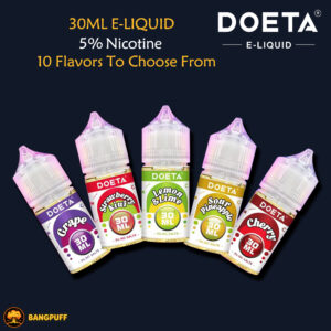 Five 30ml bottles of Doeta 5% nicotine e-liquid in grape, strawberry kiwi, lemon lime, sour pineapple, and cherry flavors