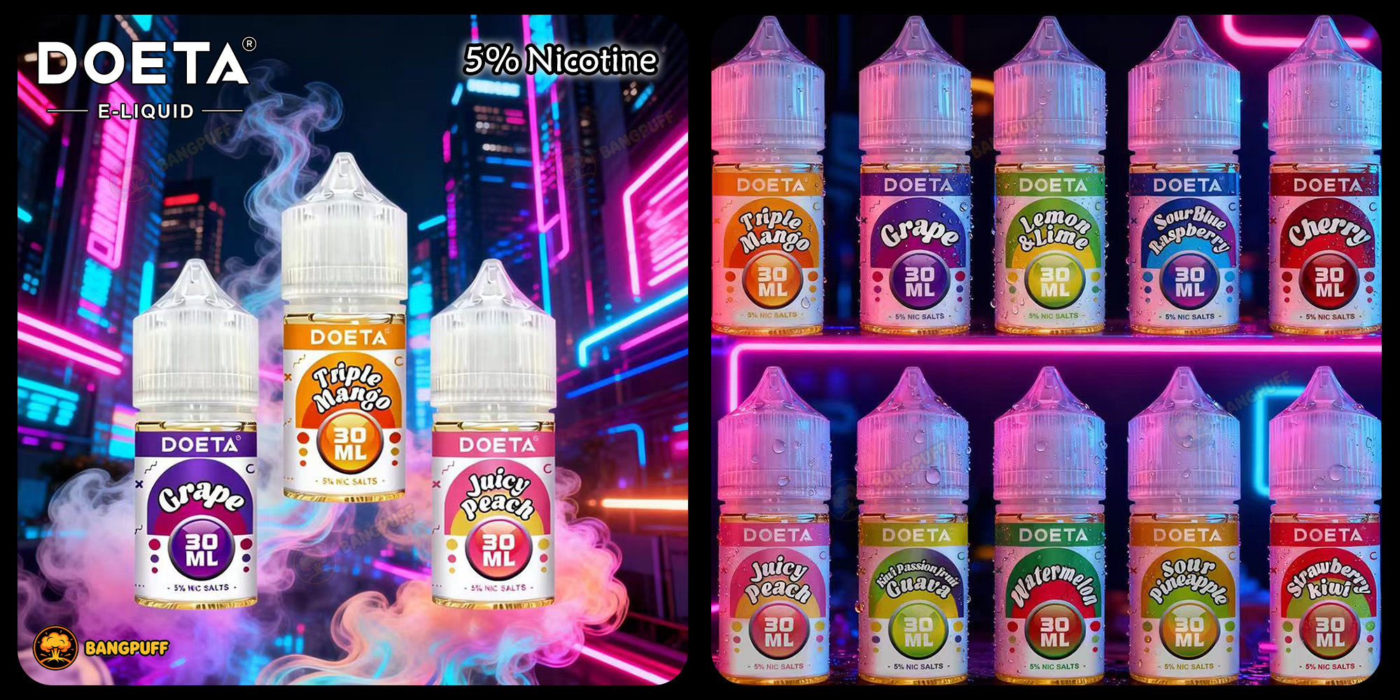 An assortment of Doeta brand 30ml e-liquid bottles in various fruit flavors displayed against a vibrant, neon-lit background