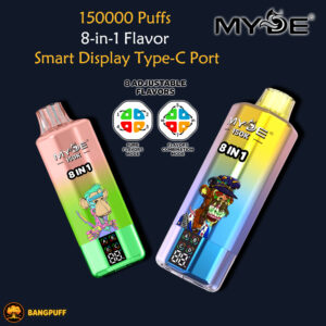 Two MYDE 150K 8-in-1 disposable vapes with smart displays and monkey-themed graphics on a dark background