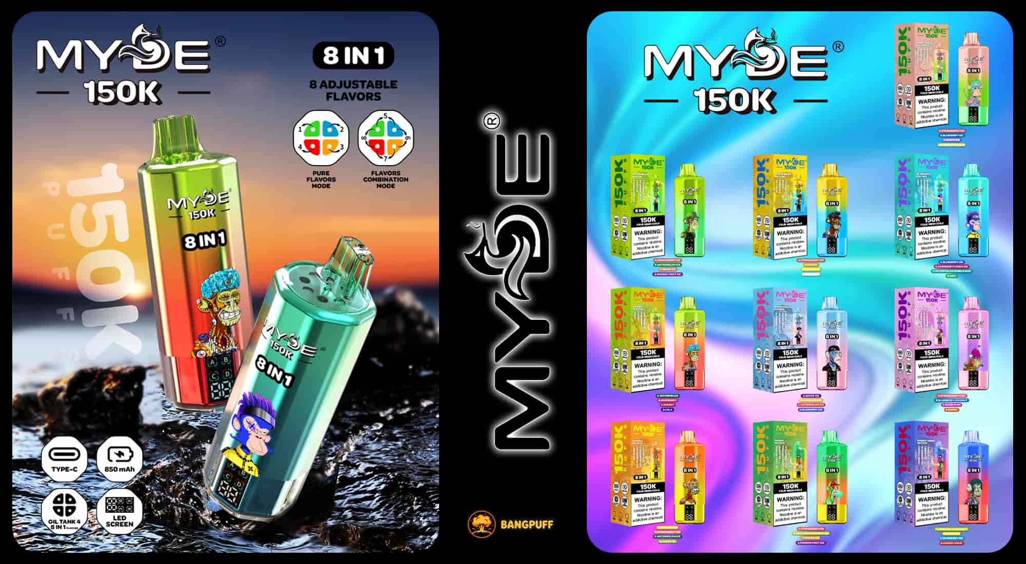 Promotional display for Myde 150K disposable vape featuring eight adjustable flavor modes and various color options