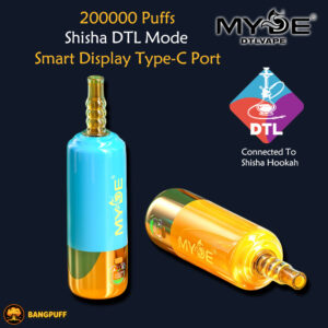 Two glossy shisha-style DTL vape devices—blue and amber cylinders with gold ribbed mouthpieces, MYDE logo, and text noting 200,000 puffs and Type-C smart display