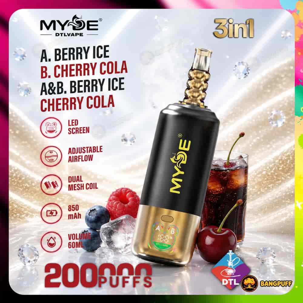 Black-gold MYOE 3-in-1 vape with gold mouthpiece and LED A/B display, shown with berries, cherry cola and 20k puffs