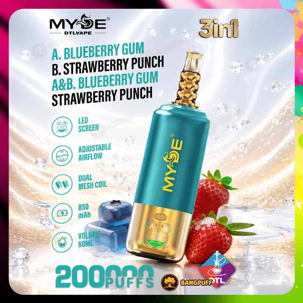 Teal-and-gold MyDE vape with gold mouthpiece beside strawberries and blueberries, labeled 3-in-1 flavors
