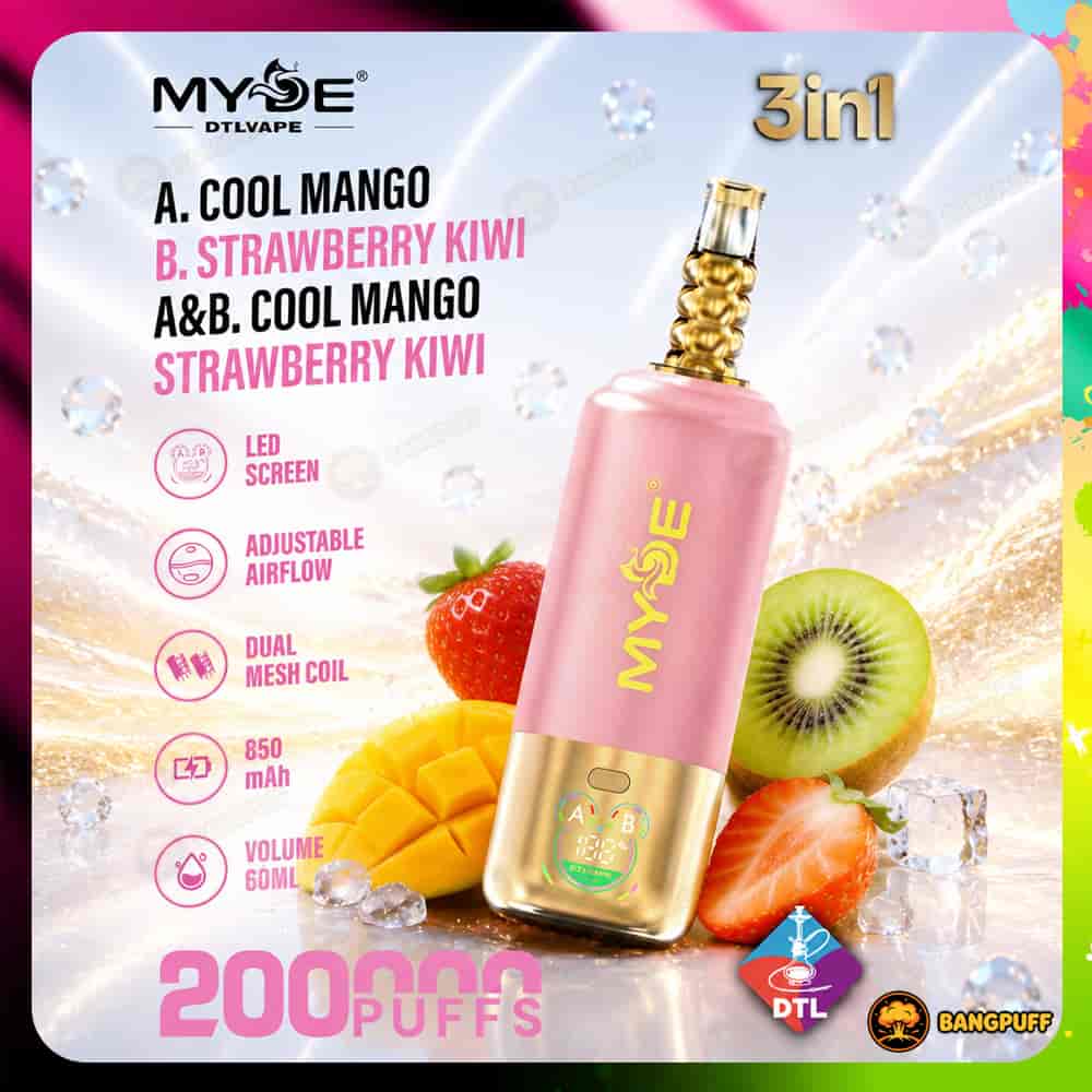 Pink MYOE DTL vape device with gold mouthpiece beside mango, strawberry and kiwi, labeled 3‑in‑1 and 20,000 puffs