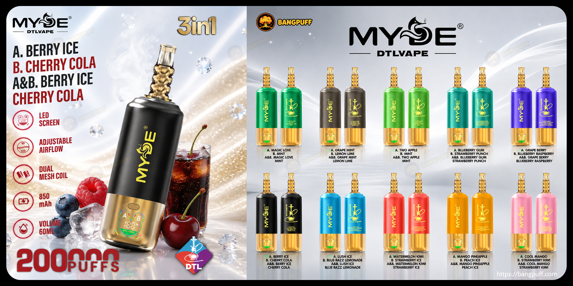 Colorful MYOE DTLVAPE 200000 PUFFS disposable vape devices arranged with a central black-and-gold unit beside cherries, ice and a cola glass