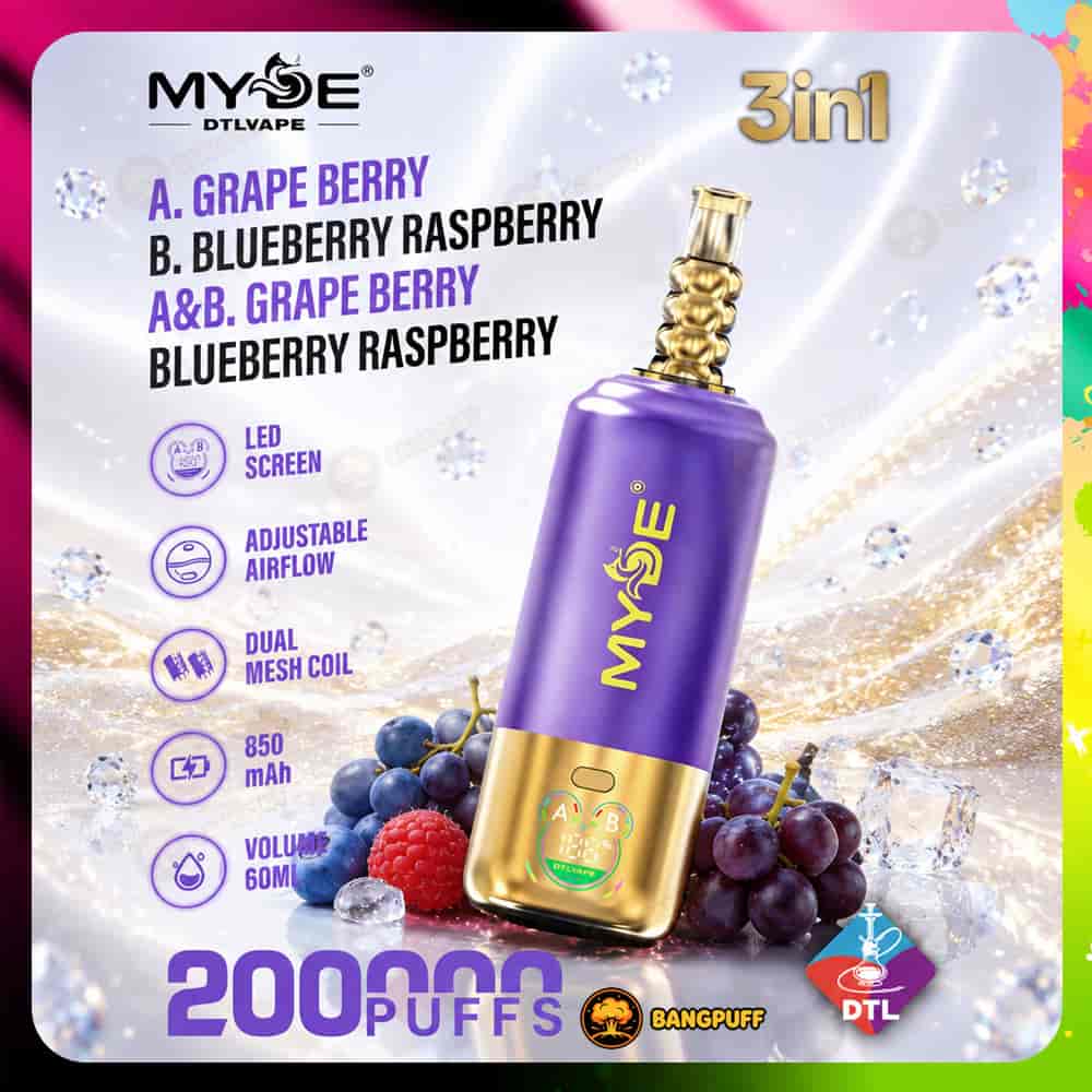 Purple and gold MYOE DTL vape device with gold drip tip, surrounded by grapes and berries, labeled 3‑in‑1 and 200,000 puffs