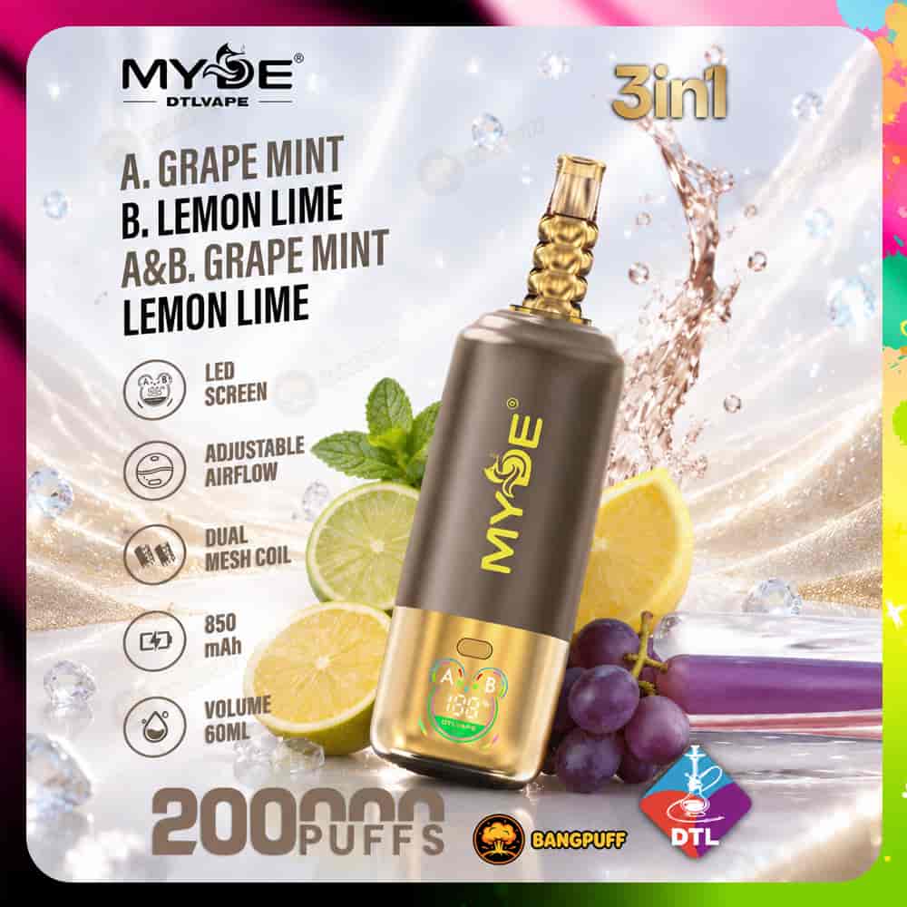Brown-gold MYOE 3-in-1 DTL vape with gold mouthpiece and LED screen beside lemon, lime and grapes, marked 200000 puffs