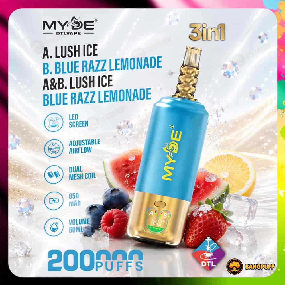 Blue and gold MYOE DTL vape device with LED screen shown beside berries, watermelon and lemon, labeled 3-in-1 and 20000 puffs