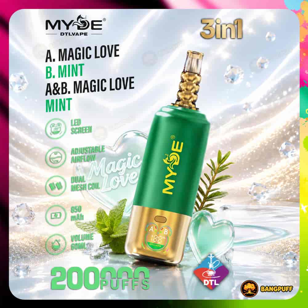 Green and gold MYSE DTLVAPE 3-in-1 disposable vape with bulbous gold mouthpiece, LED screen, and Magic Love mint branding