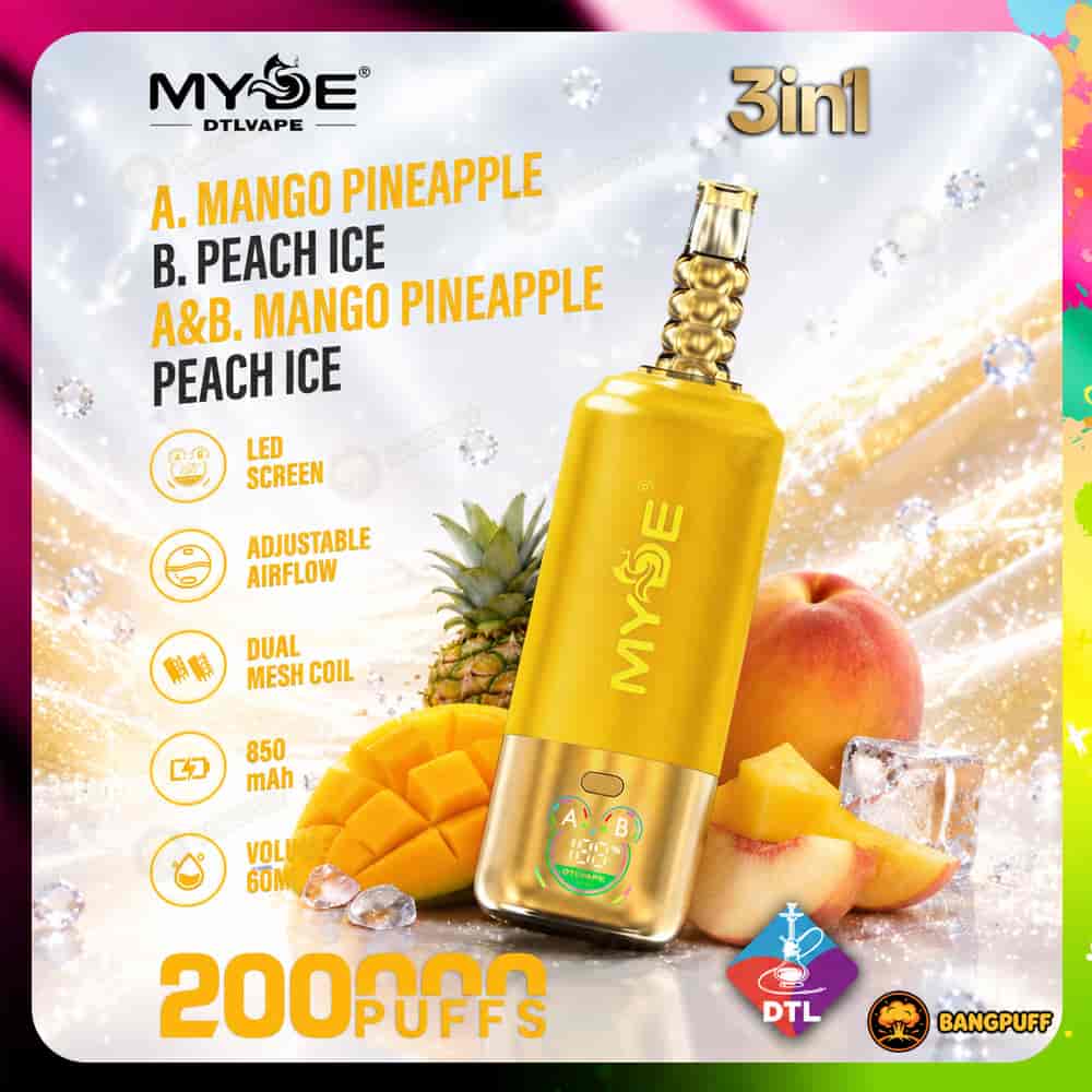 Yellow MYZE DTL vape with gold mouthpiece and LED screen, shown with mango, pineapple and peach slices and 3in1 flavor label