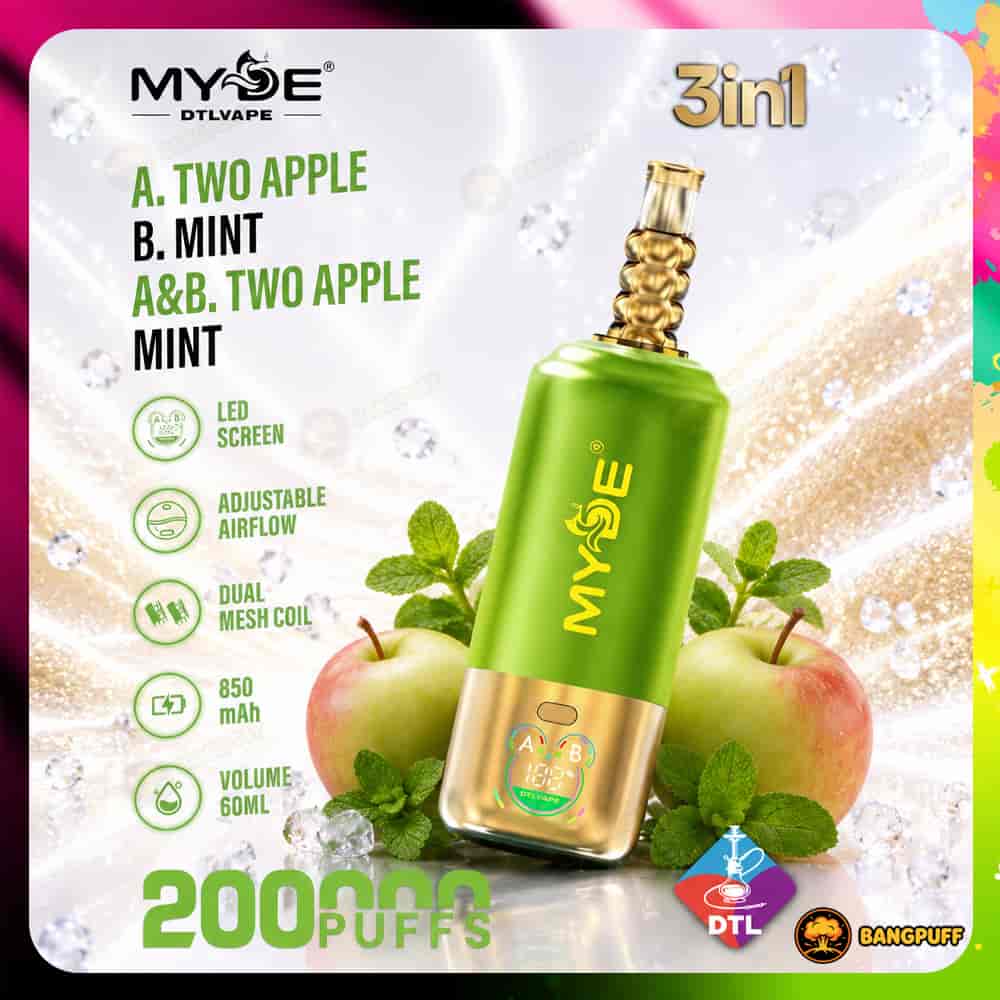 Green MYOE DTL vape with gold beaded mouthpiece beside apples and mint, LED screen visible and "20000 puffs" label