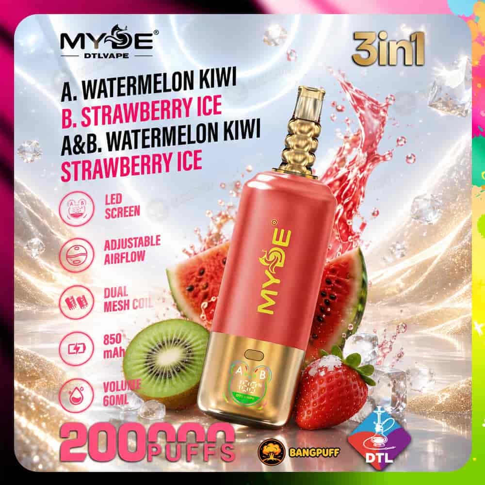 Red and gold MYOE 3-in-1 DTL vape with LED screen pictured amid watermelon, kiwi and strawberry ice splashes and feature icons